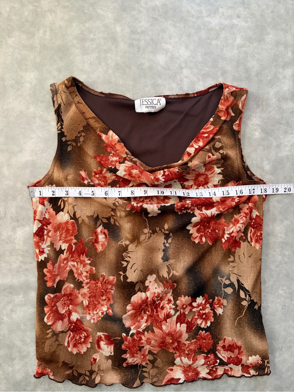 Y2K 90’s Jessica Vintage Brown Fall Floral Cowl Neck Sleeveless Top - Picture 8 of 9
